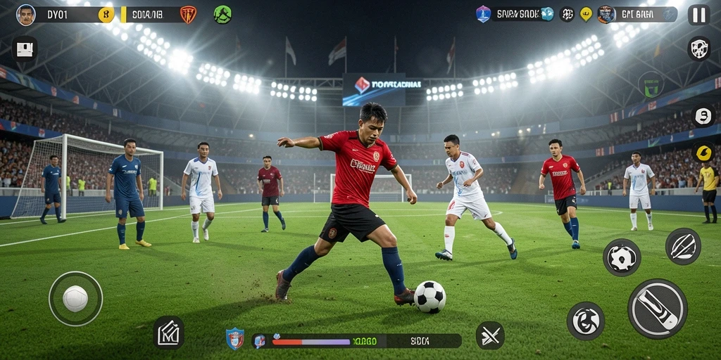 Screenshot gameplay DY01 menampilkan aksi sepak bola yang mendebarkan.