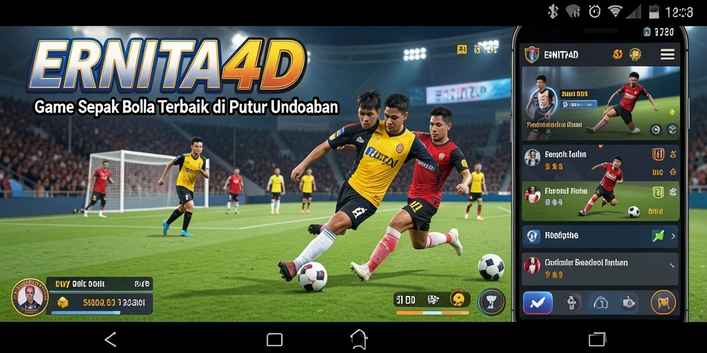Screenshot gameplay ERNITA4D menampilkan aksi seru di lapangan sepak bola.