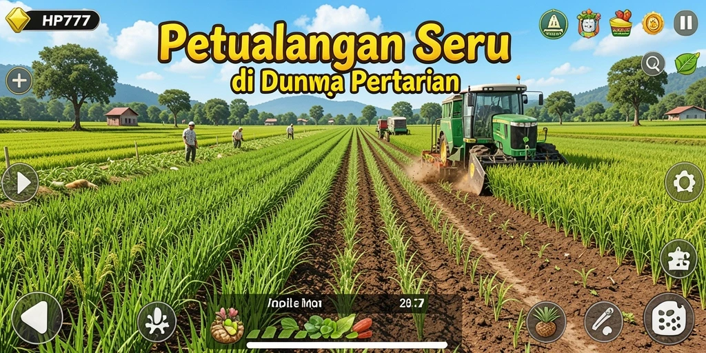 Tampilan gameplay HP777 yang menarik dengan ladang yang subur.