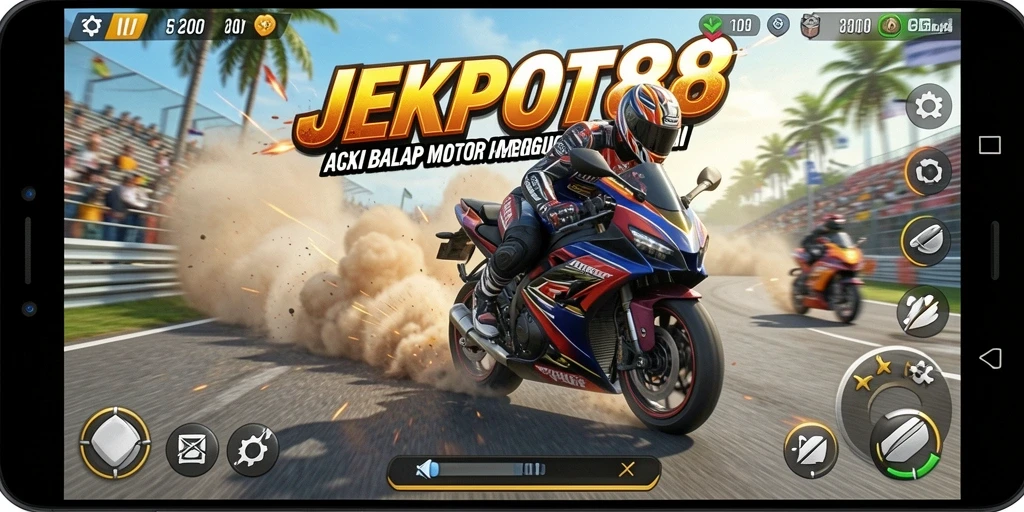 Gameplay JEKPOT88 menampilkan aksi balap motor yang intens dan mendebarkan.