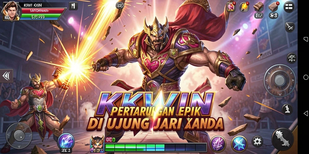 Tampilan gameplay KKWIN dengan karakter bertarung di arena.