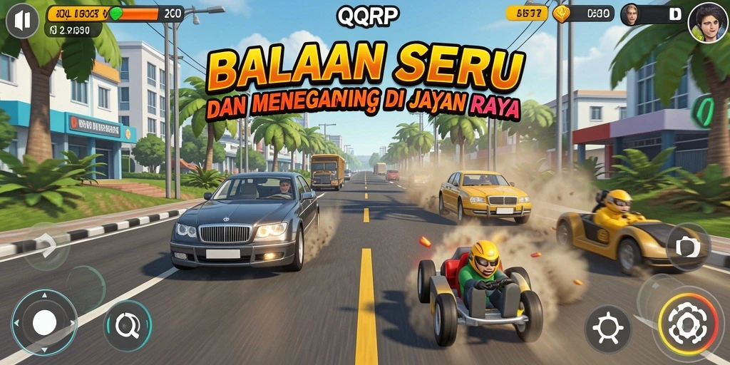 Screenshot gameplay QQRP yang menampilkan mobil balap di jalur yang menantang.