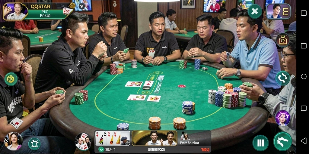 Gameplay QQSTAR yang mendebarkan dengan tampilan meja poker.