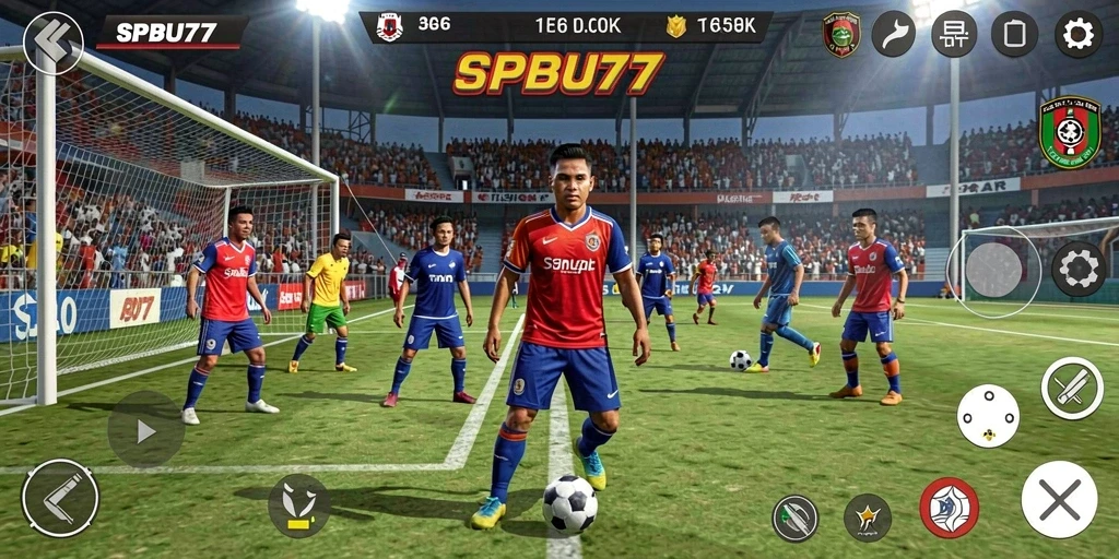 Tangkapan layar gameplay SPBU77 yang mendebarkan dalam aksi sepak bola.