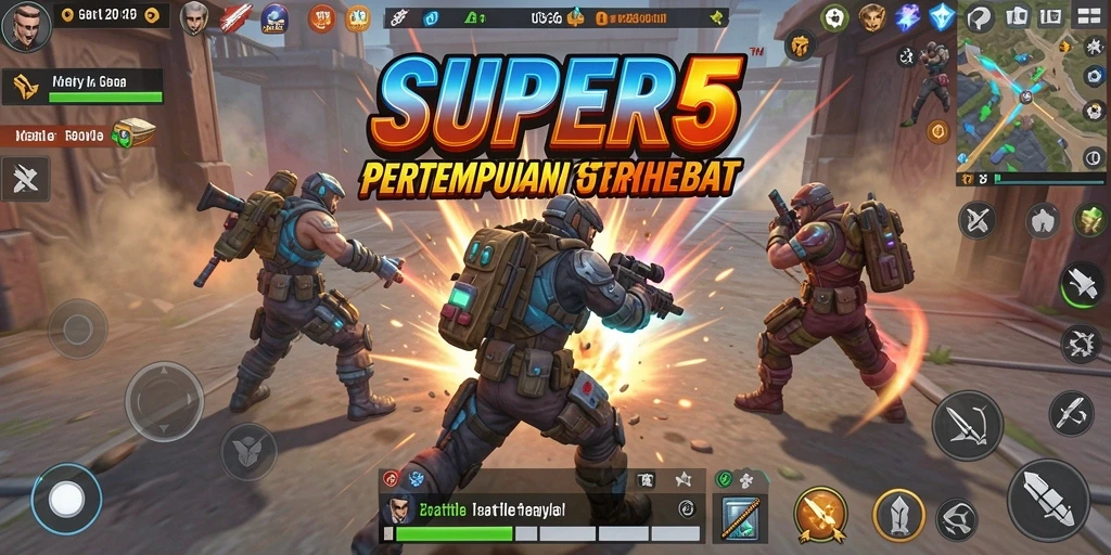 Gameplay SUPER5 yang seru dengan pertempuran Battle Royale.
